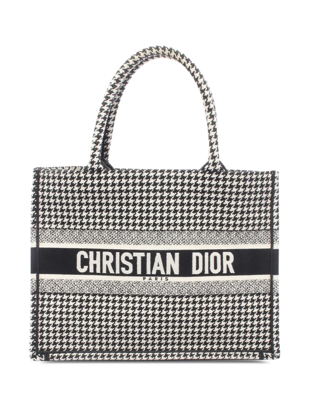 Pre-owned Dior 2018-2019 Medium Canvas Houndstooth Embroidered Book Tote Bag In Black