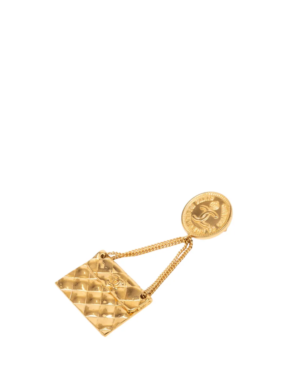 CHANEL Pre-Owned 1980-1990 CC Gold Plated Quilted Flap Bag Medallion Brooch costume brooch