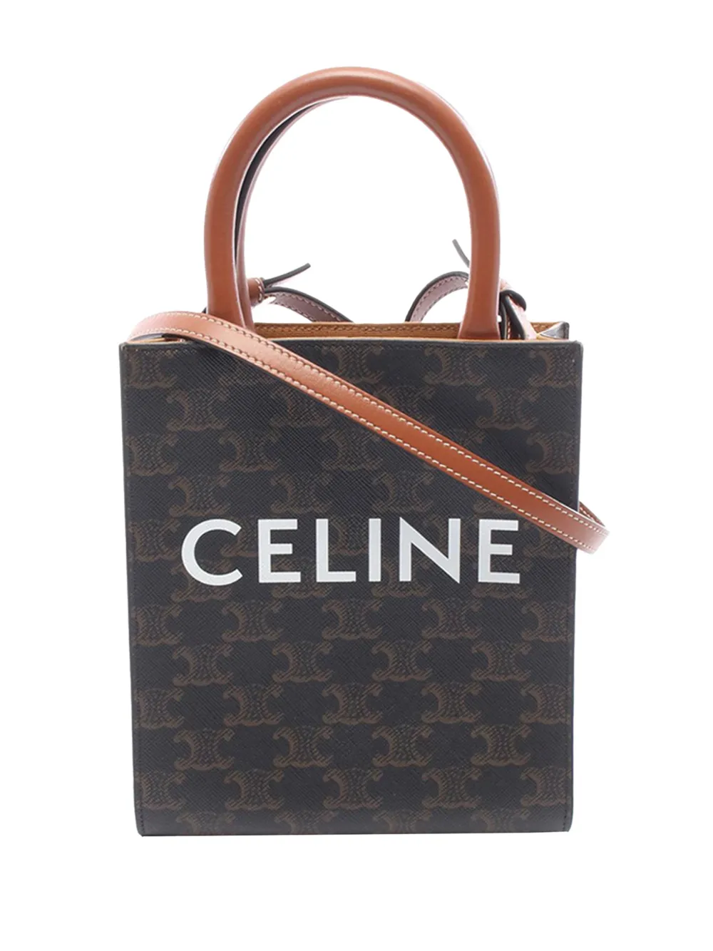 Pre-owned Celine 2021-2026 Mini Triomphe Coated Canvas Vertical Cabas Satchel In Brown