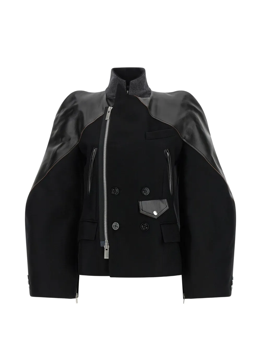 sacai sculptural-shoulder melton-wool jacket - Nero