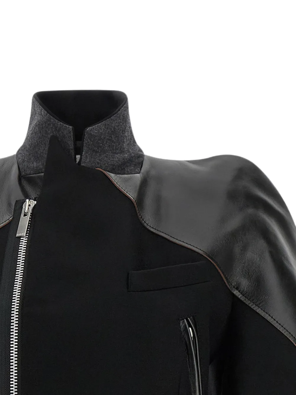 Sacai Leather Panelled Double Breasted Wool Jacket In Black