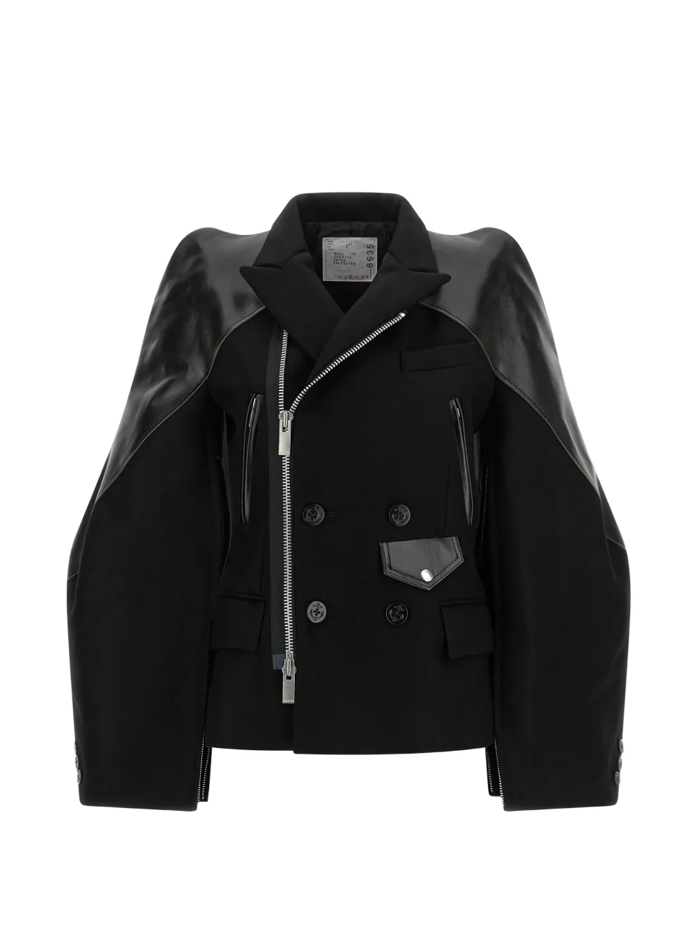 Sacai Leather Panelled Double Breasted Wool Jacket In Black