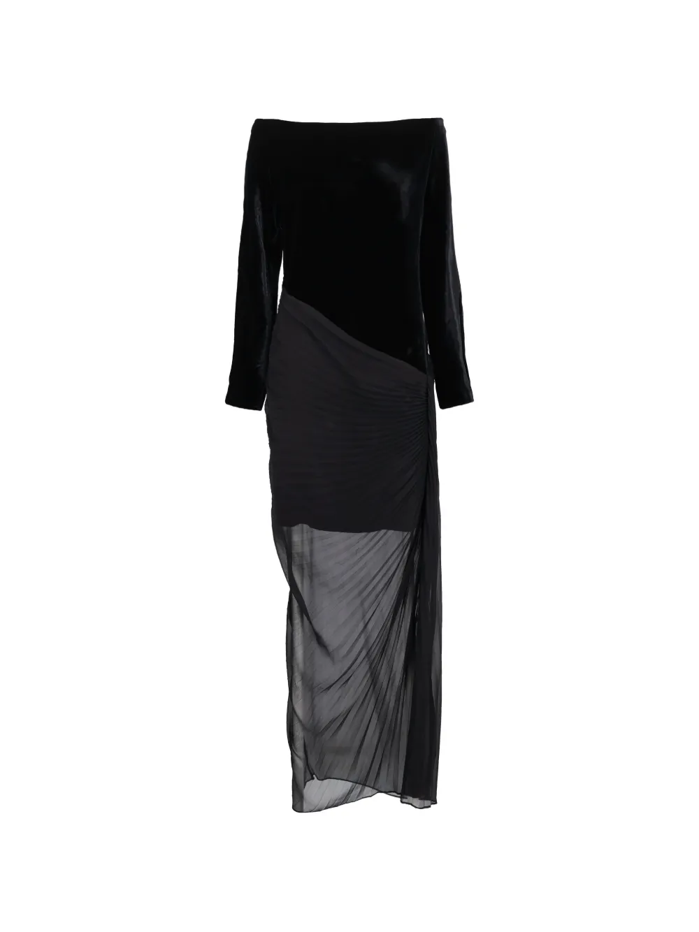 Pre-owned Versace Off-shoulder Pleated Midi Dress In Black