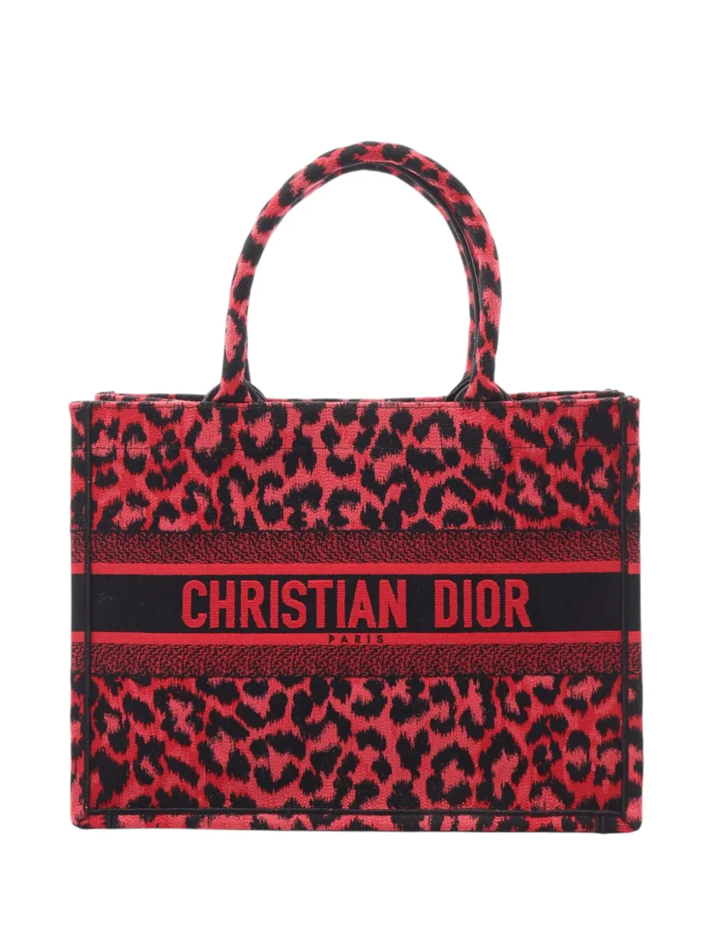 Pre-owned Dior 2010-2021 Mizza Medium Embroidered Canvas Leopard Book Tote Bag In Red