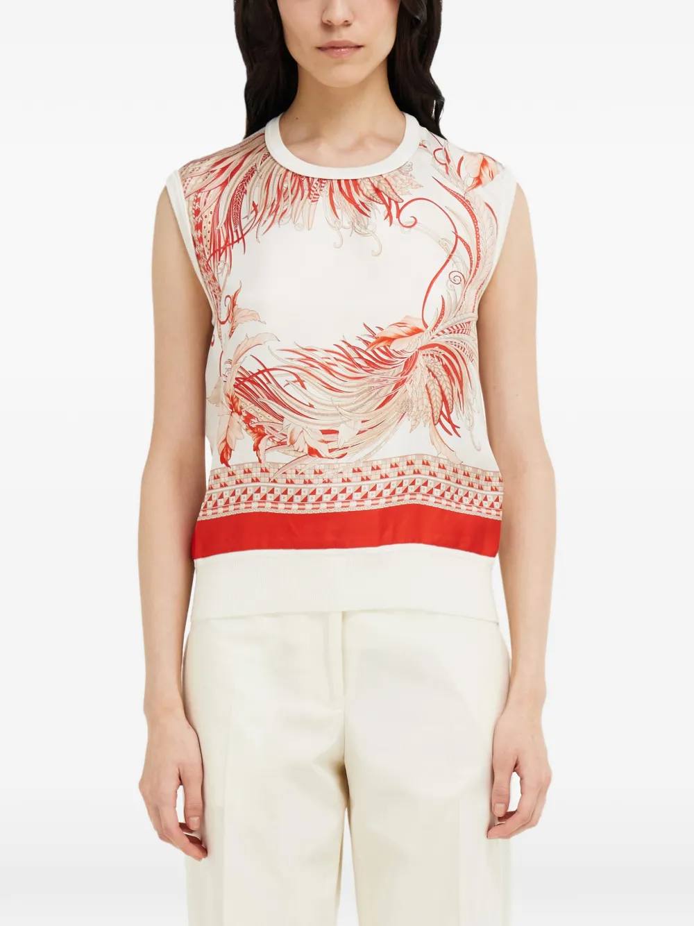 Ferragamo Mouwloze trui met veren en print Wit