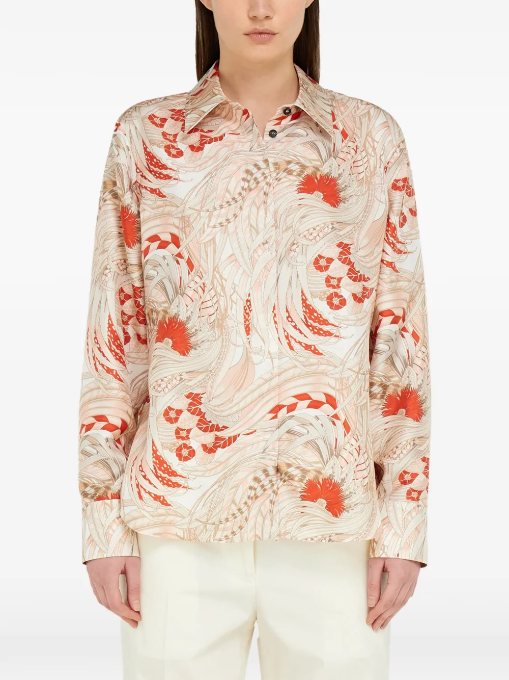 Ferragamo Zijden twill blouse met hanen-print Beige