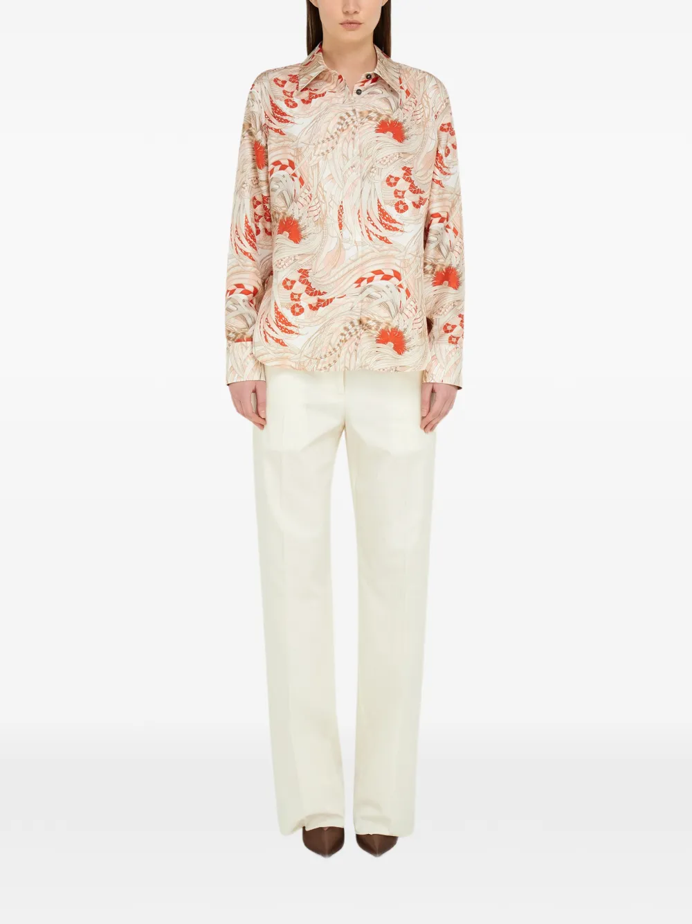 Ferragamo Zijden twill blouse met hanen-print Beige
