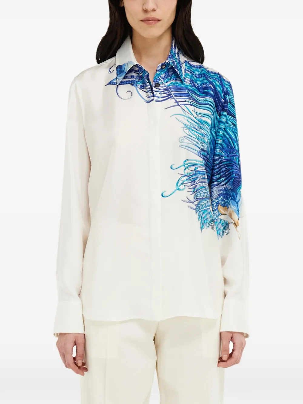 Ferragamo Zijden blouse met veren-print Wit