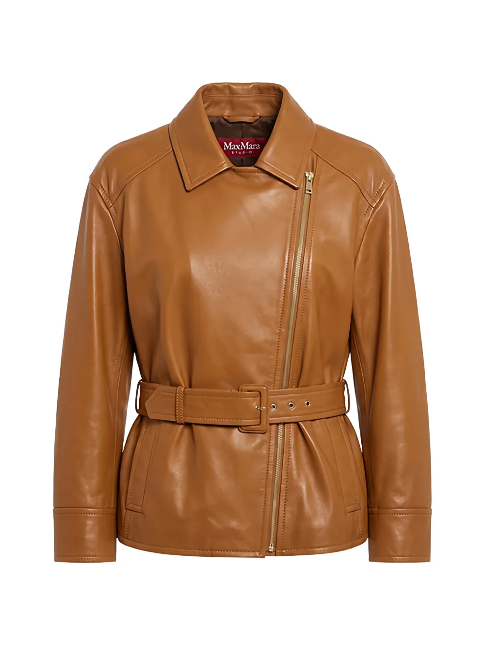 Max Mara Giusto belted leather biker jacket Bruin