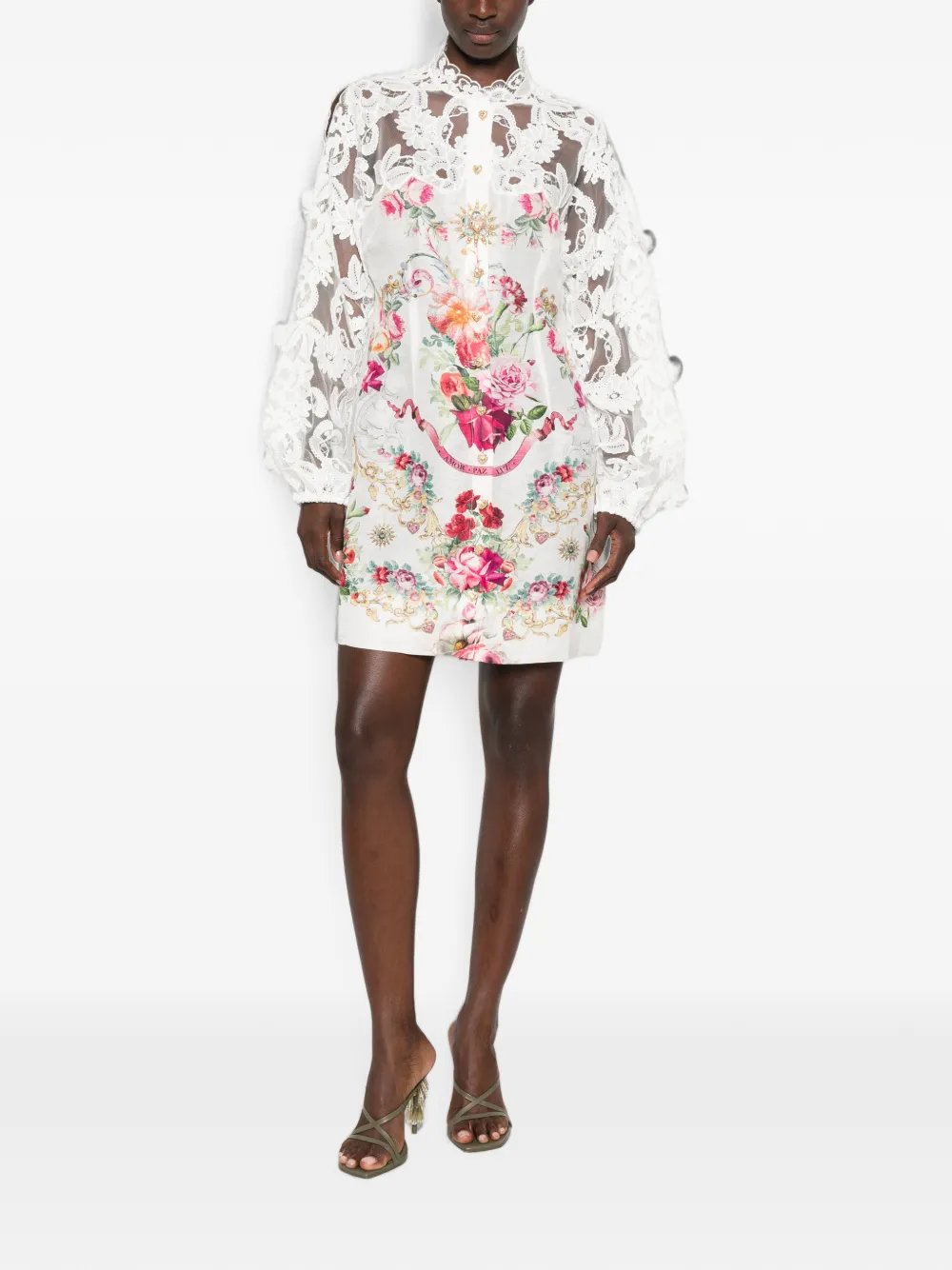 Camilla Mini-jurk met bloemenprint en kanten mouwen Wit