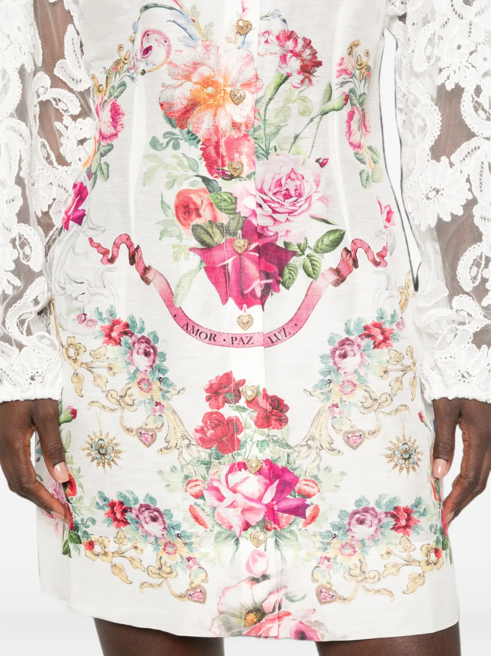 Camilla Mini-jurk met bloemenprint en kanten mouwen Wit
