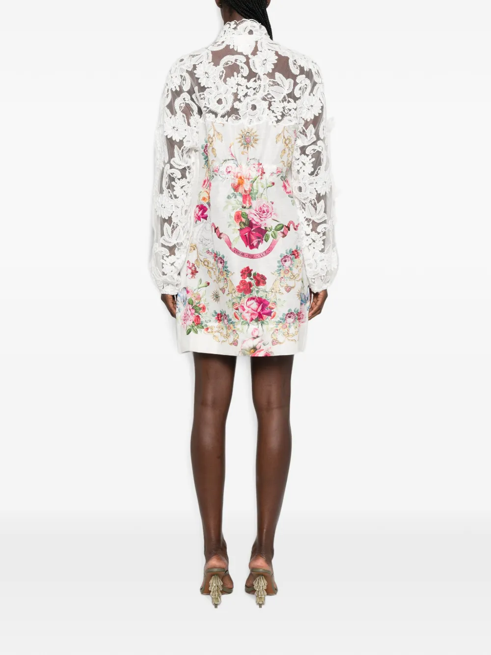 Camilla Mini-jurk met bloemenprint en kanten mouwen Wit