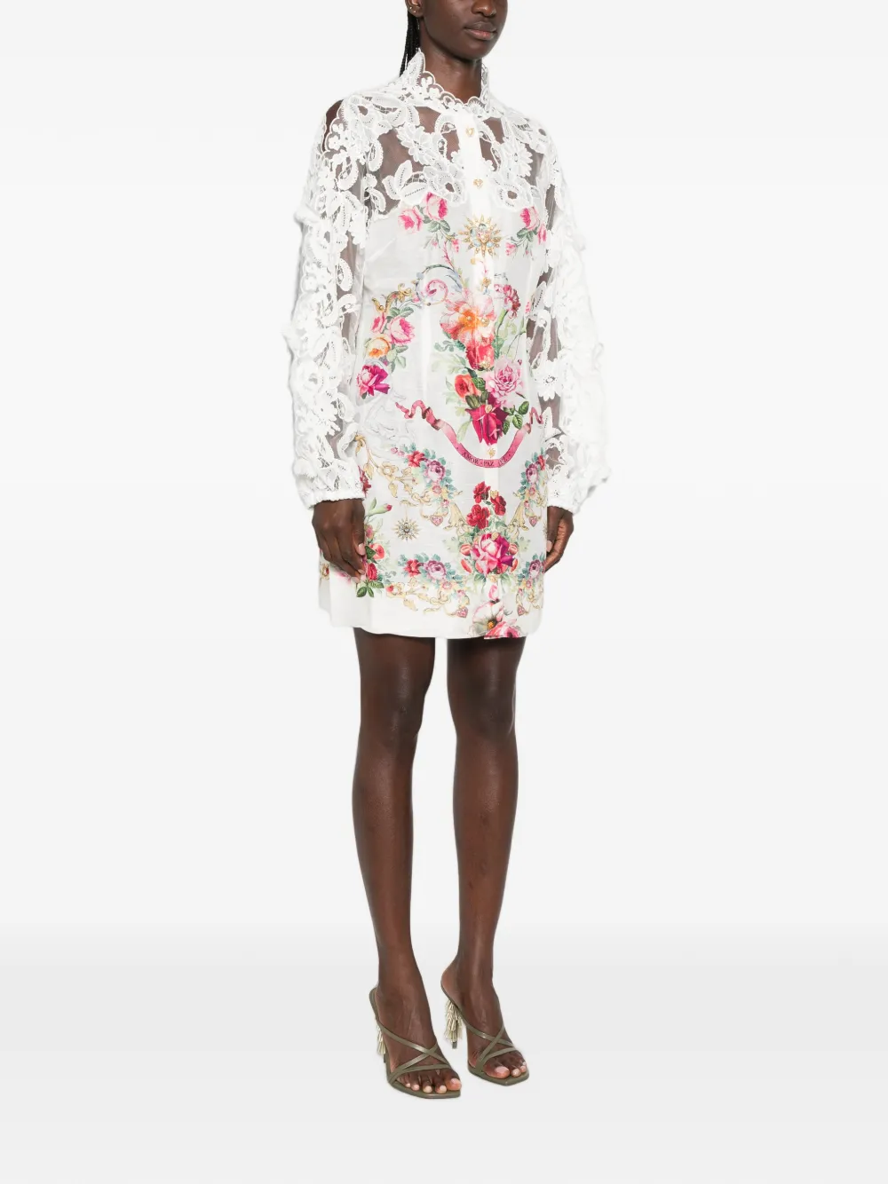 Camilla Mini-jurk met bloemenprint en kanten mouwen Wit