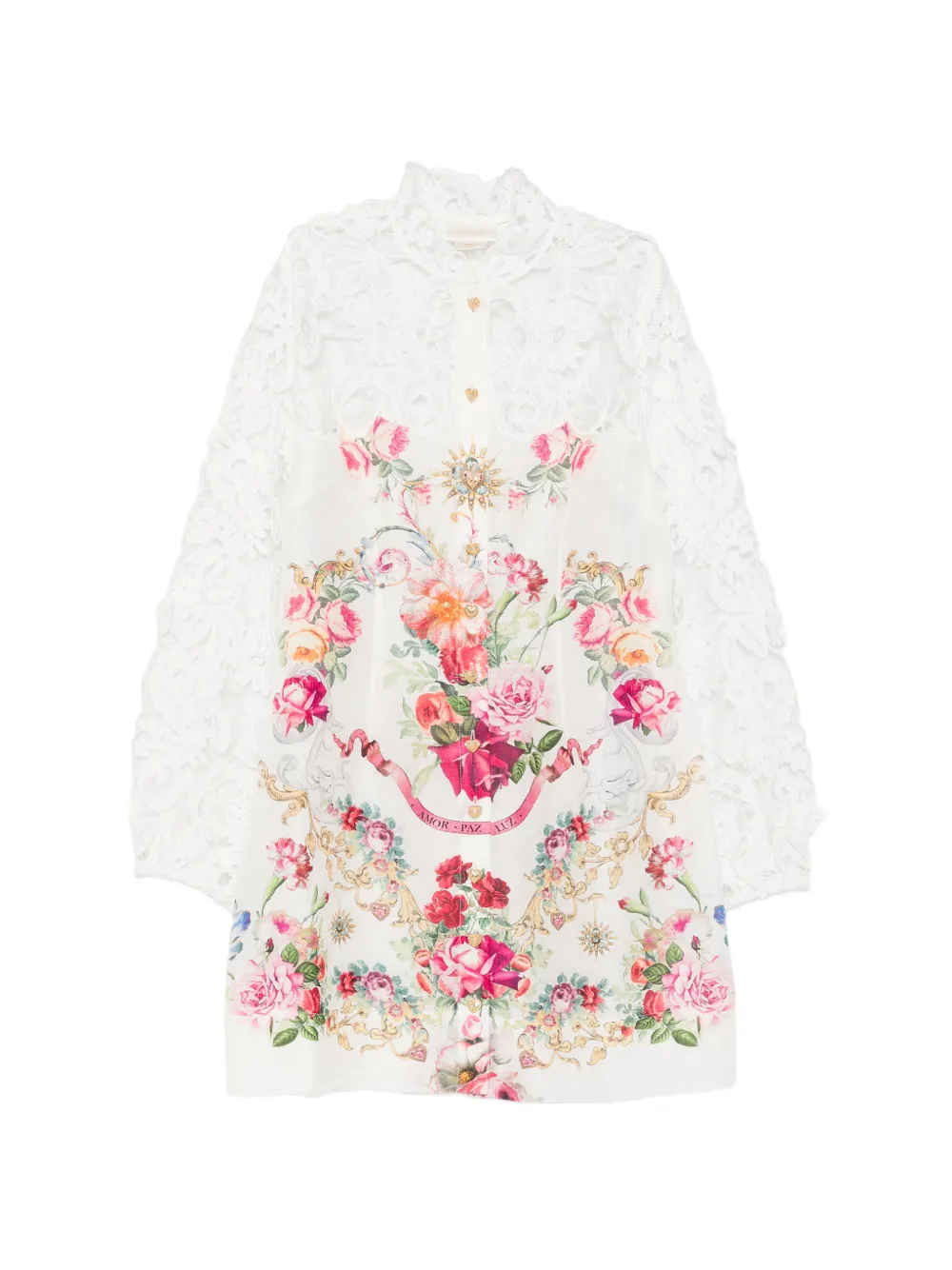 Camilla lace-sleeves floral-print mini dress - Bianco