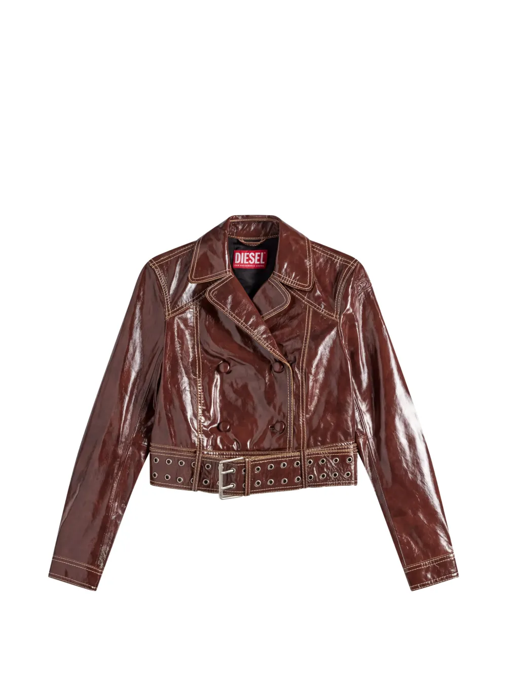 Diesel patent-leather jacket with large belt - Marrone