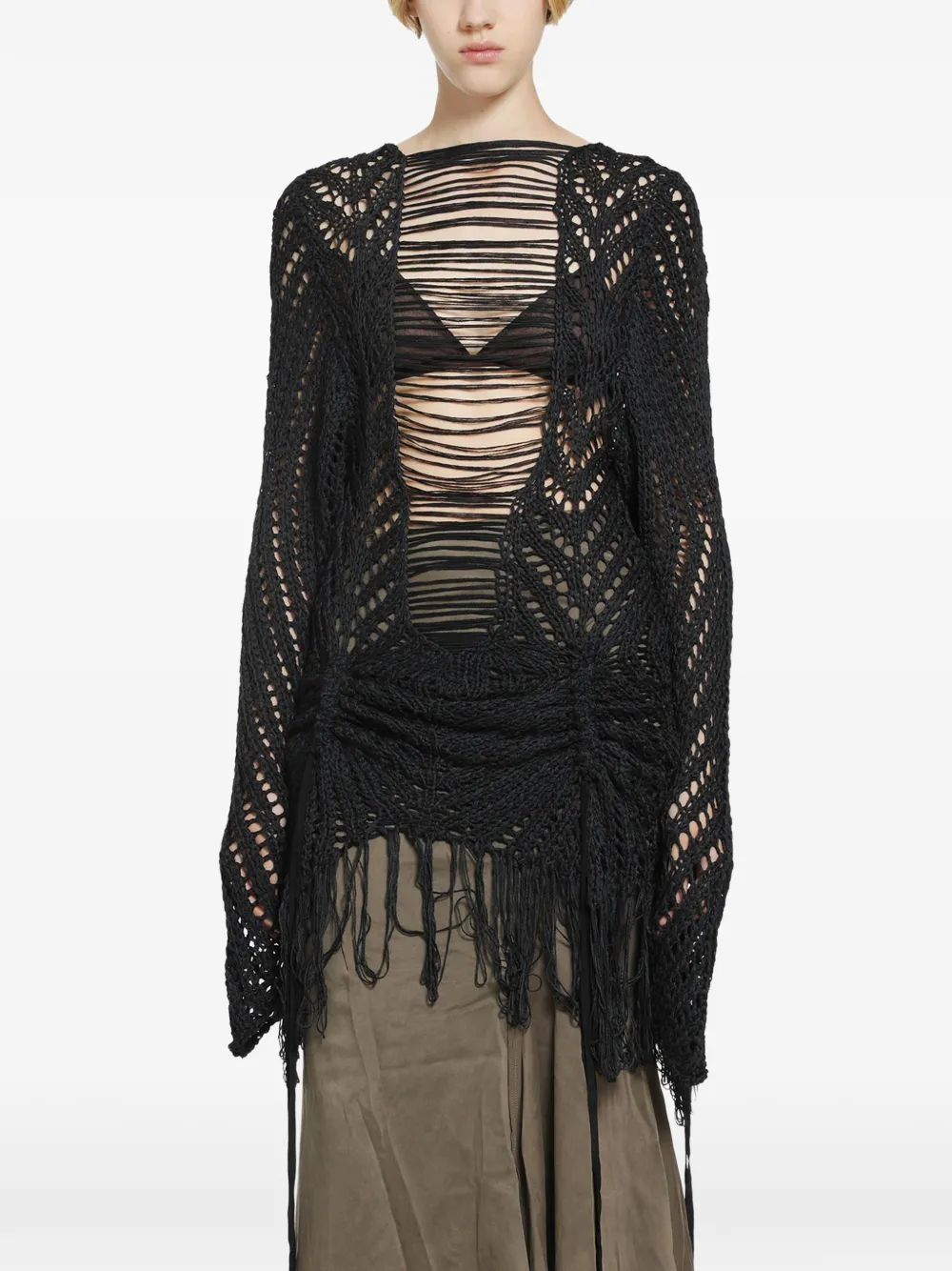 YEHUAFAN crochet fringe-trimmed sweater - Schwarz