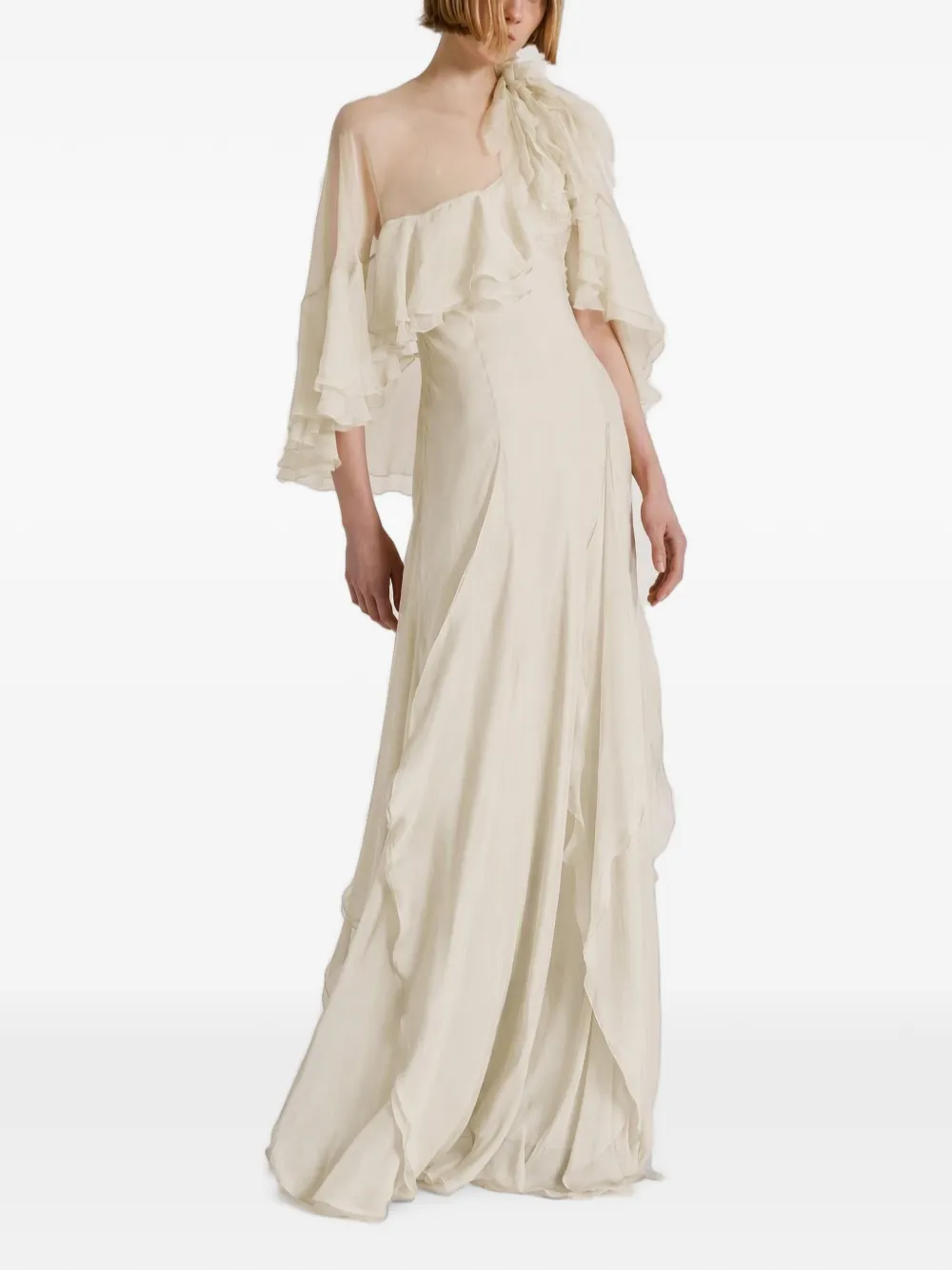 Alberta Ferretti ruffled silk cape maxi dress - Bianco
