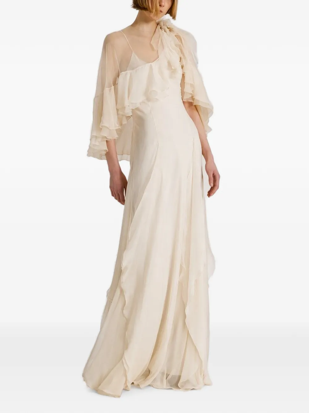 Alberta Ferretti Zijden maxi-jurk met cape en ruches Wit