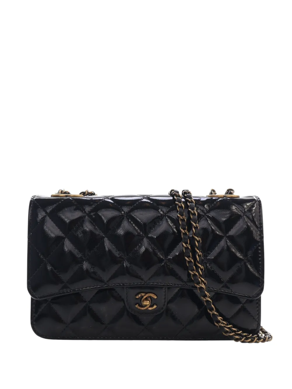 CHANEL Pre-Owned 2015-2016 Quilted Patent and Goatskin CC Eyelet Wallet On Chain crossbody bag - Black