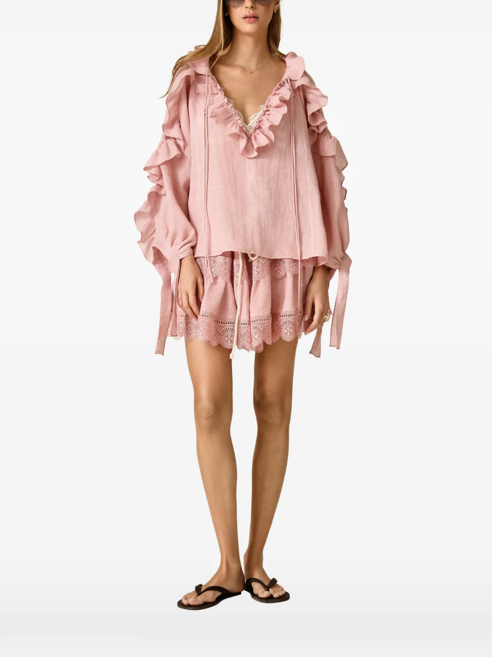 Pnk Ruffled Lace-trim Blouse In Pink
