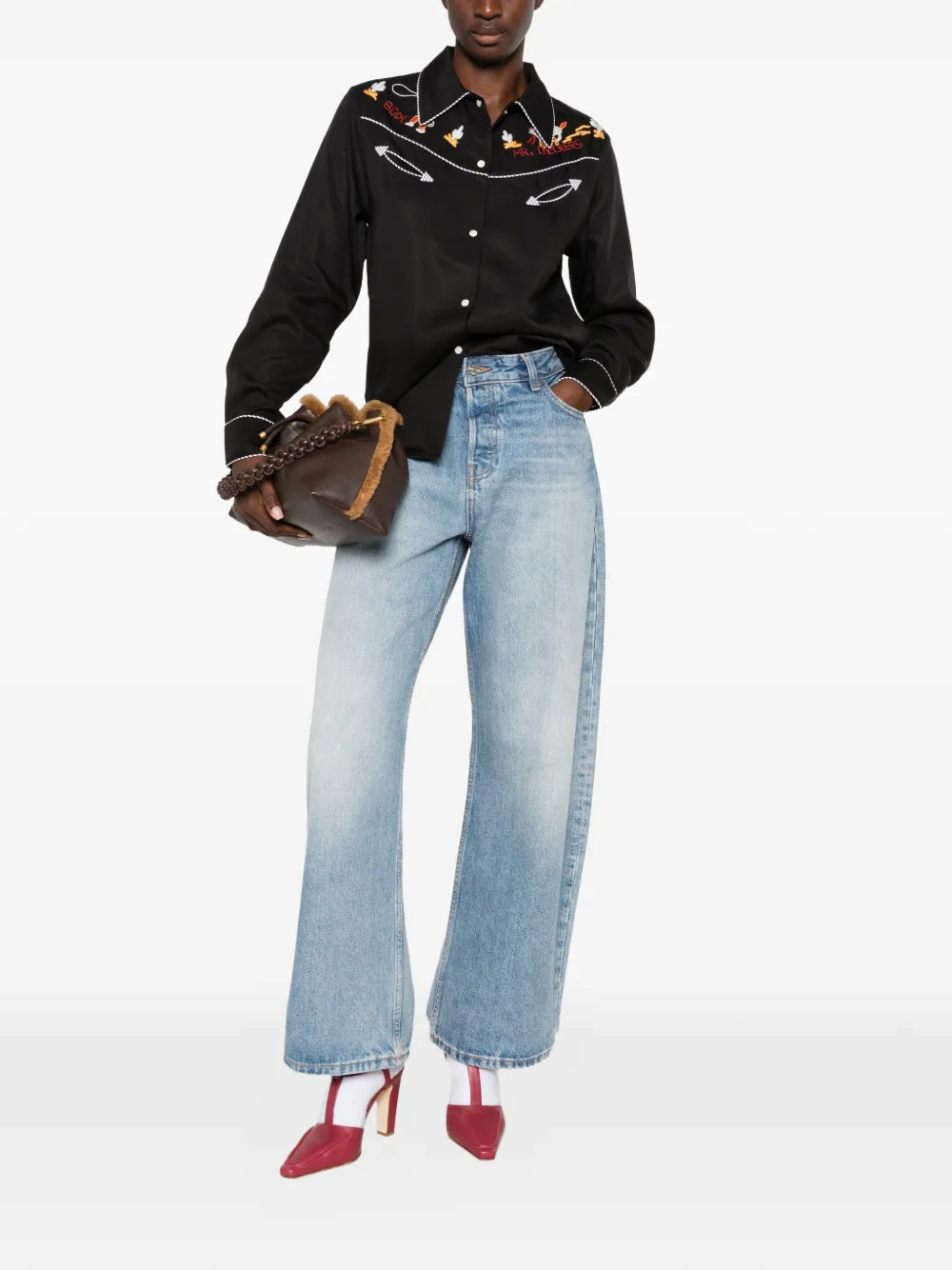 Bode Checkers Western Shirt in Black, view 2