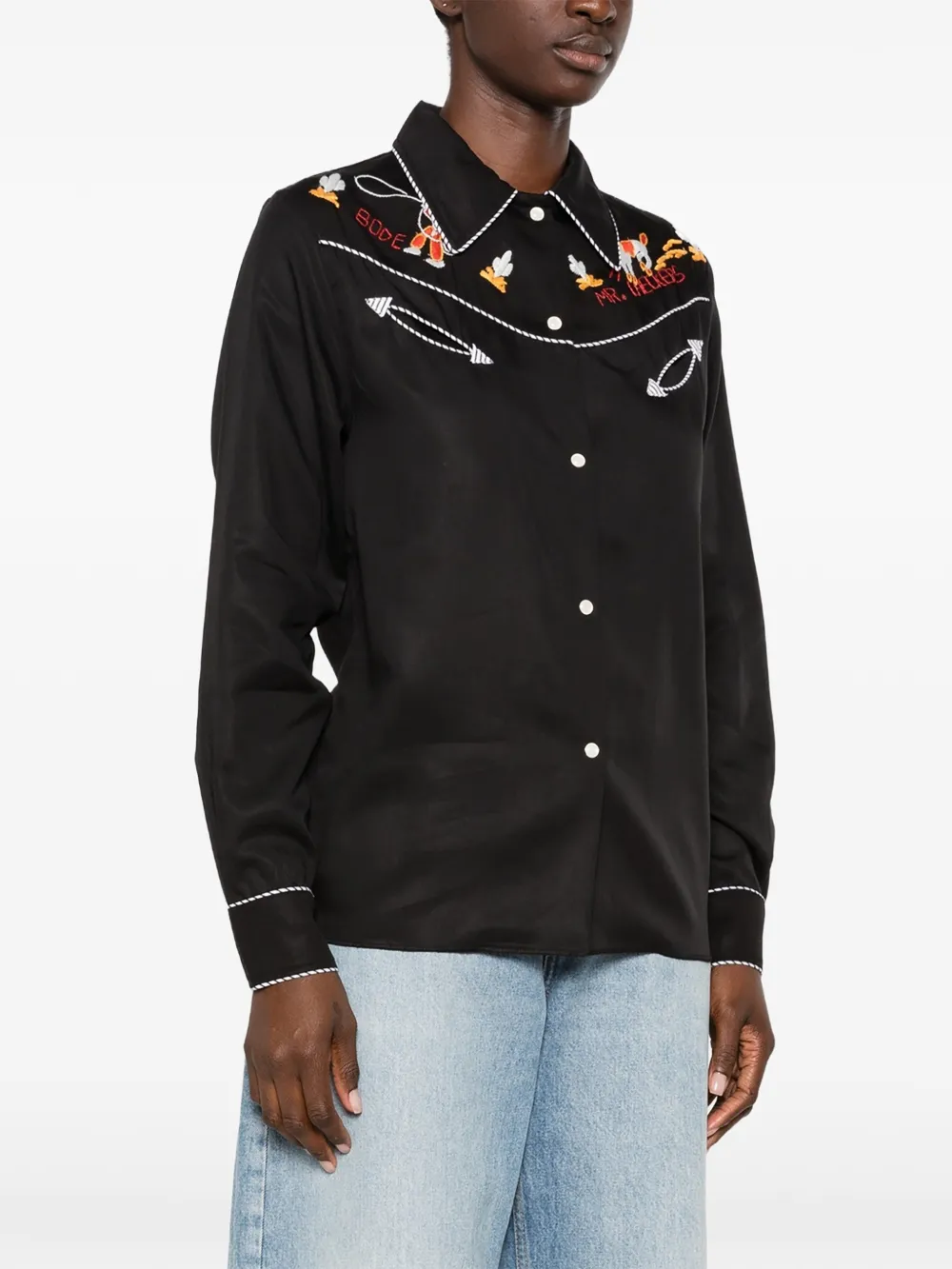 Bode Checkers Western Shirt in Black, view 3