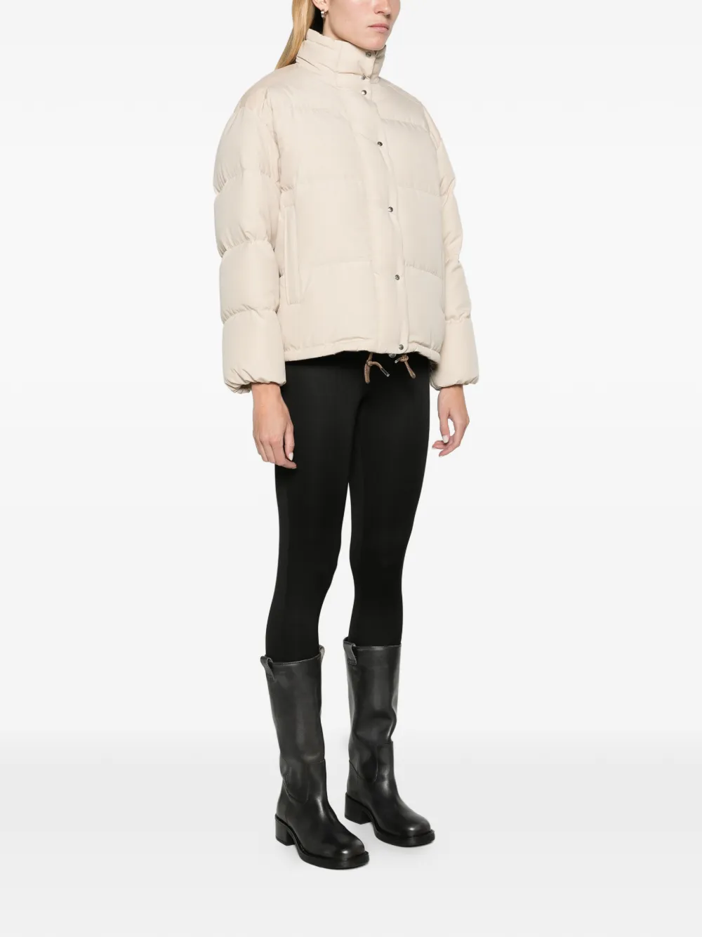Moncler Verone leather-trimmed short down jacket Beige