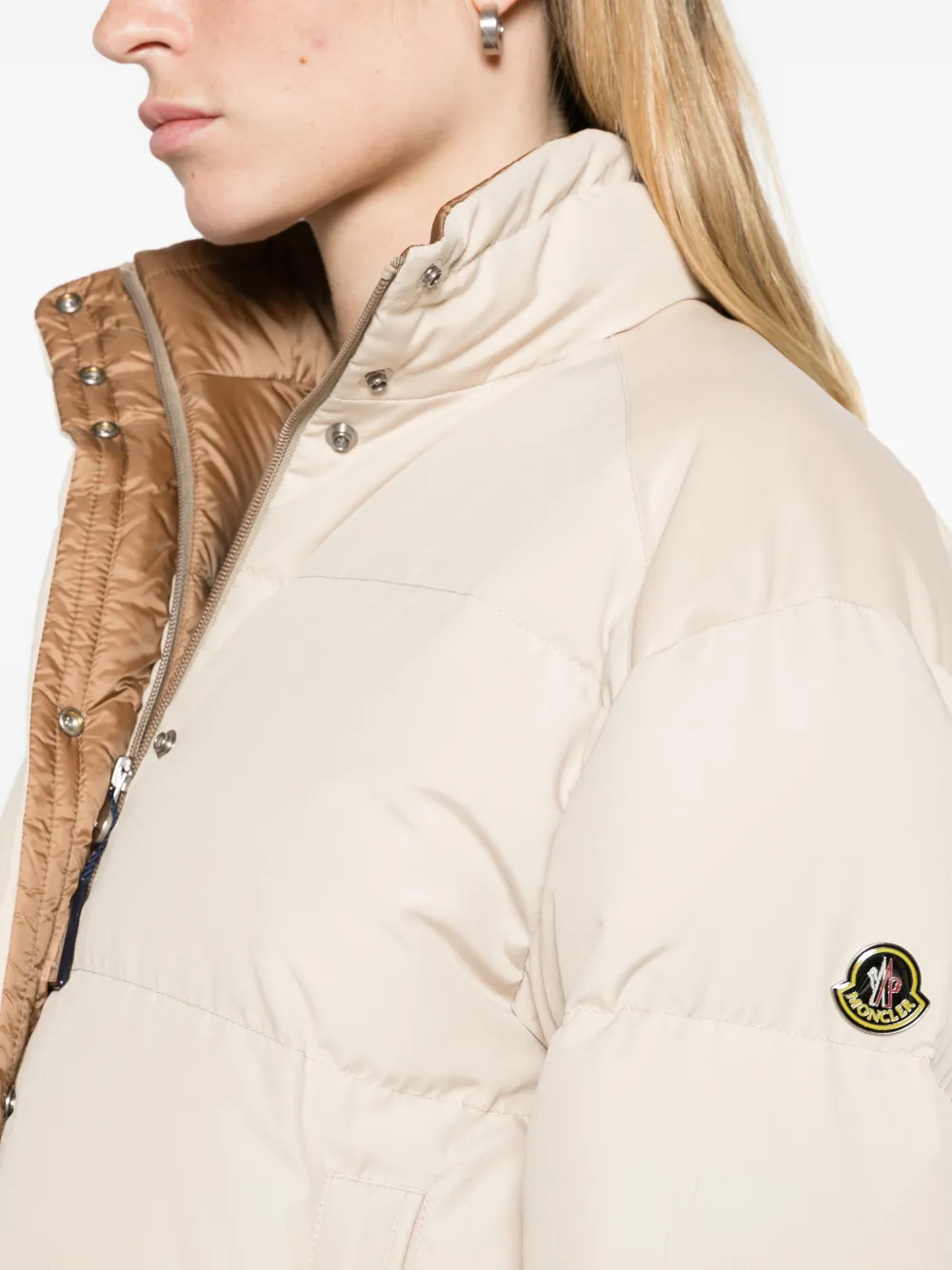 Moncler Verone leather-trimmed short down jacket Beige