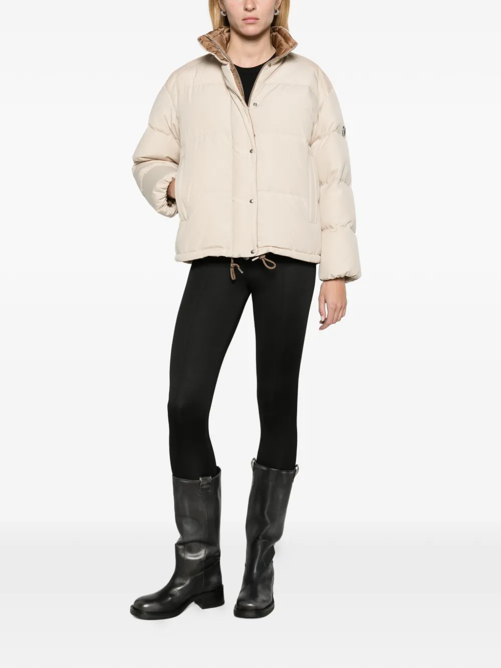 Moncler Verone leather-trimmed short down jacket Beige