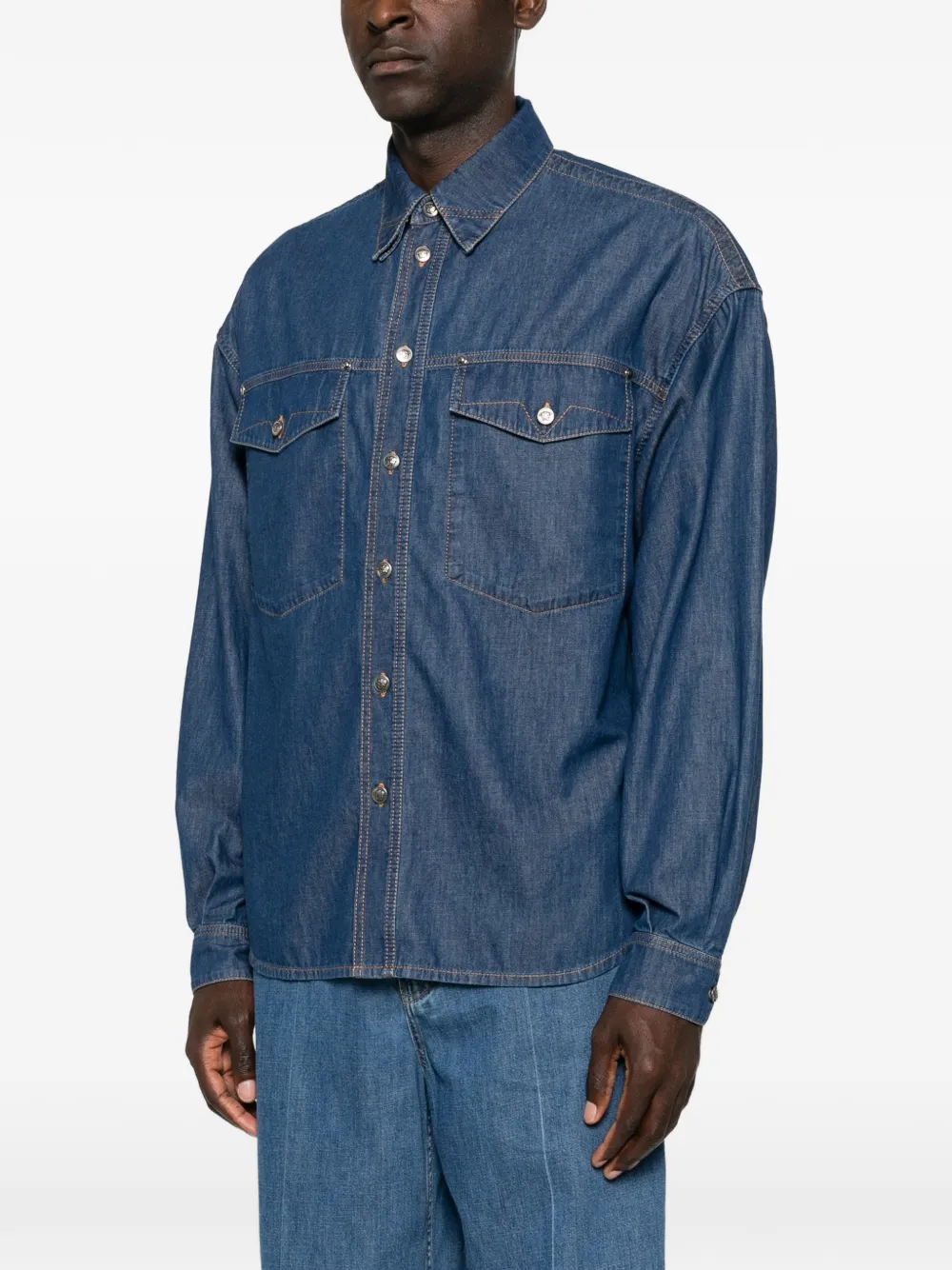 Versace Denim overhemd met geborduurd logo Blauw