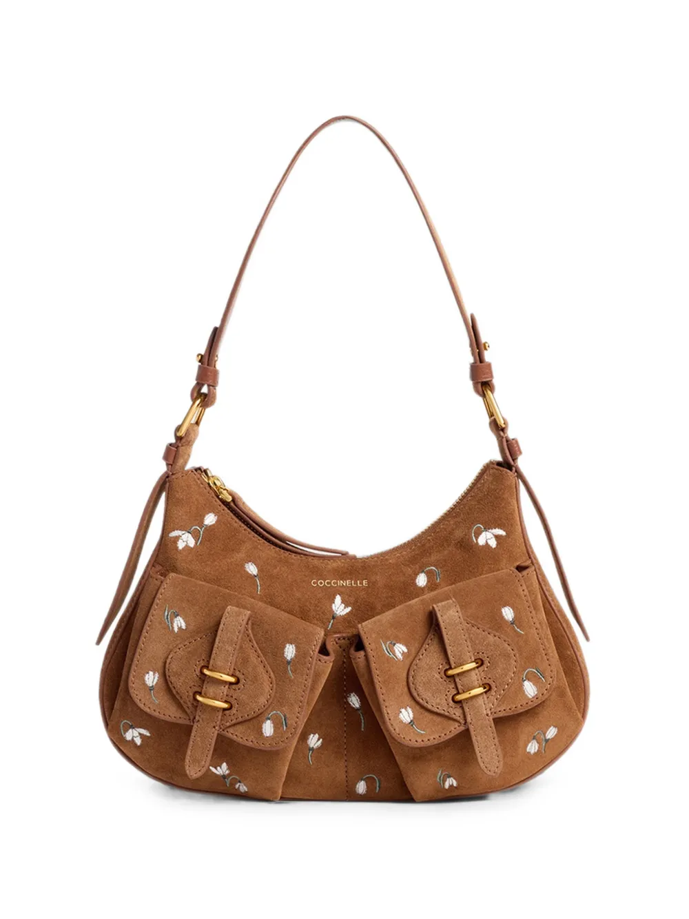 Coccinelle medium Mavery flower-embroidered suede shoulder bag - Braun