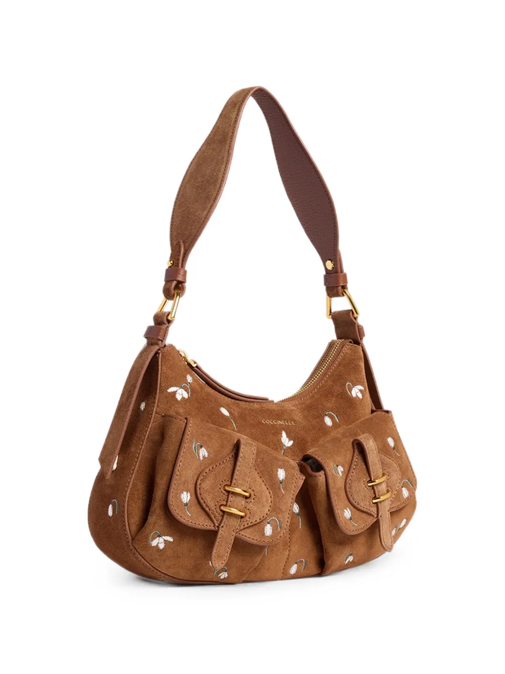 Coccinelle medium Mavery flower-embroidered suede shoulder bag Bruin