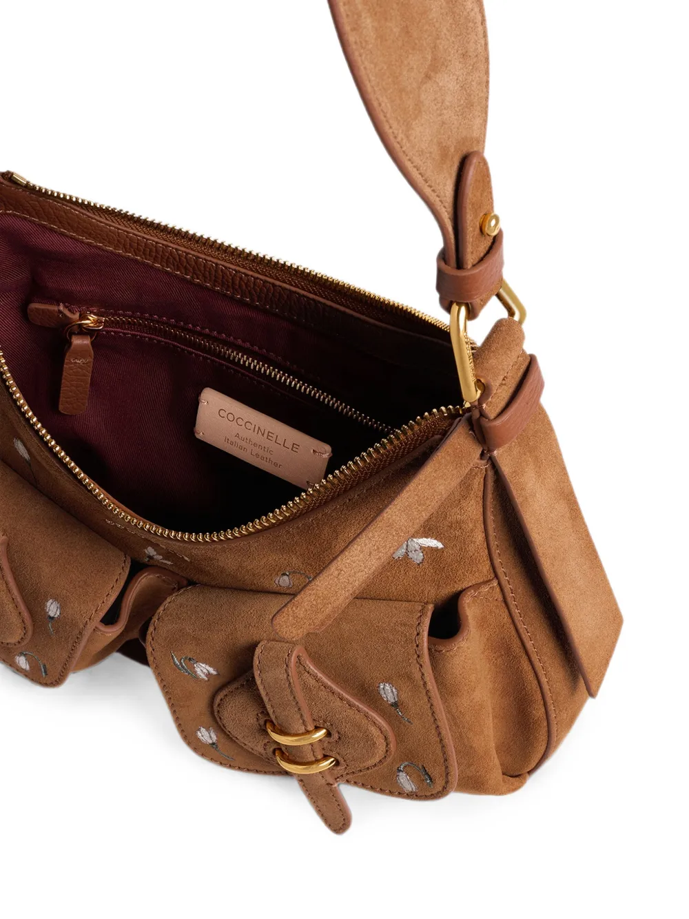 Coccinelle medium Mavery flower-embroidered suede shoulder bag Bruin