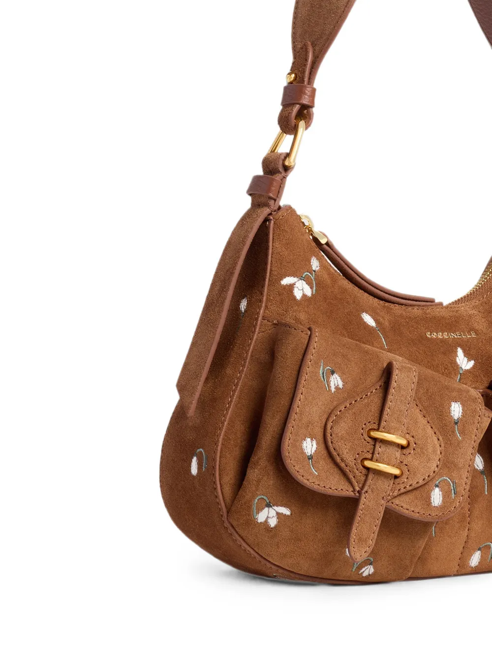 Coccinelle medium Mavery flower-embroidered suede shoulder bag Bruin