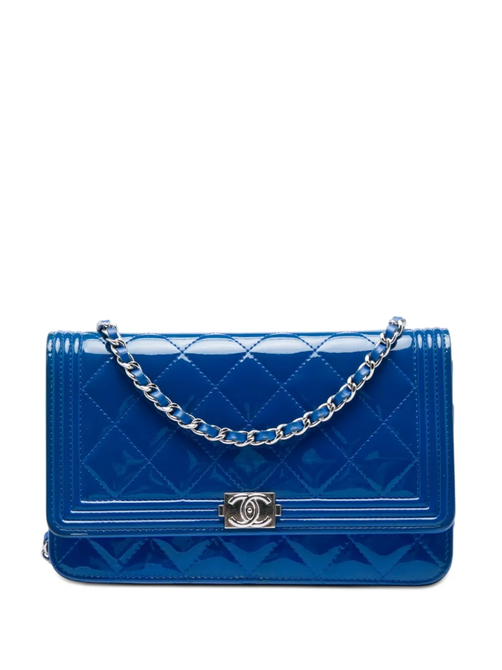 CHANEL Pre-Owned Borsa a tracolla Boy trapuntata in pelle verniciata con catena 2014-2015 - Blu