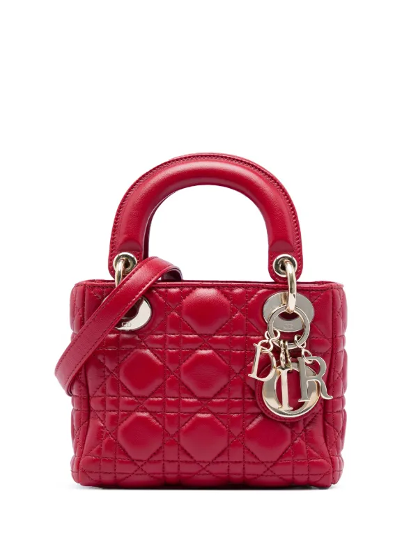 Dior Pre-owned 2017 Mini Lambskin Cannage Lady Dior Satchel in Red