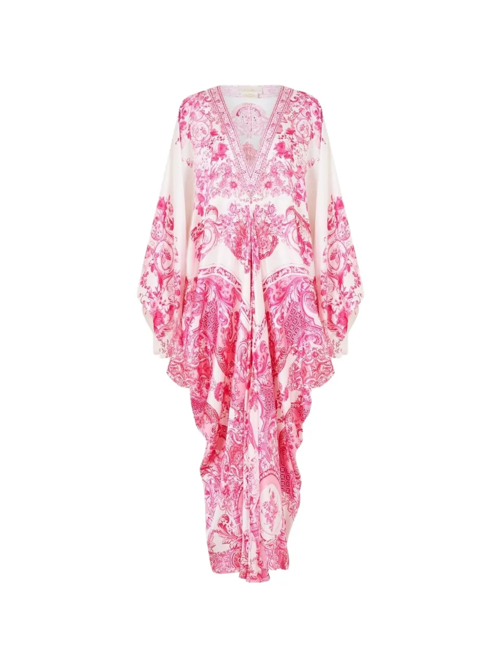 Camilla robe-caftan longue en soie à fleurs imprimées - Blanc Camilla robe-caftan longue en soie à fleurs imprimées - Blanc