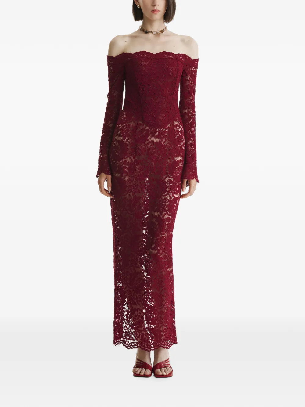 2310 Studio Off-shoulder Lace Maxi Dress In Burgundy