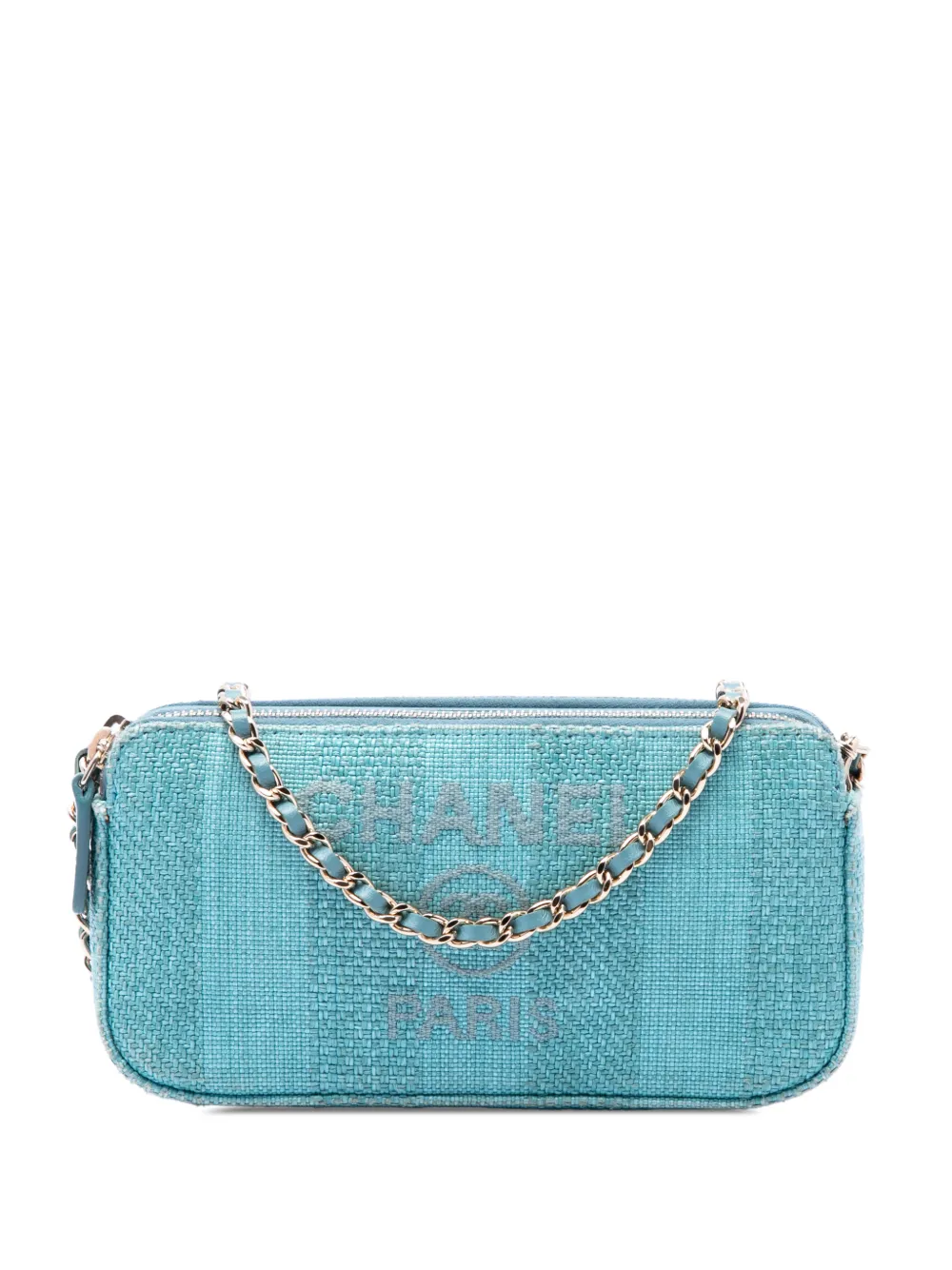 CHANEL Pre-Owned 2019 Deauville Double Zip Clutch aus Raffiabast mit Kettenriemen - Blau
