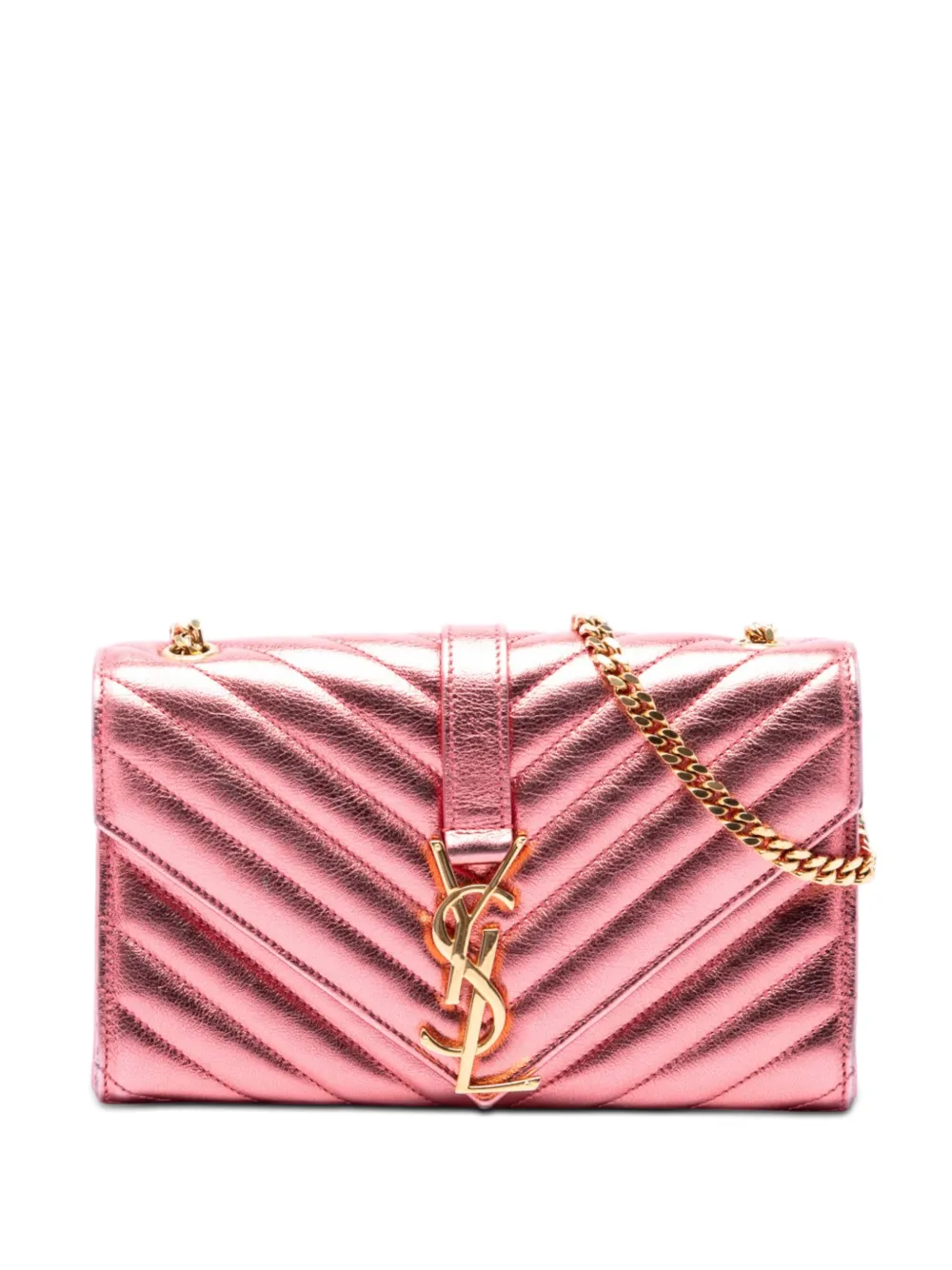 Saint Laurent Pre-Owned Borsa a tracolla piccola in pelle di vitello con monogramma e motivo chevron 2015 - Rosa