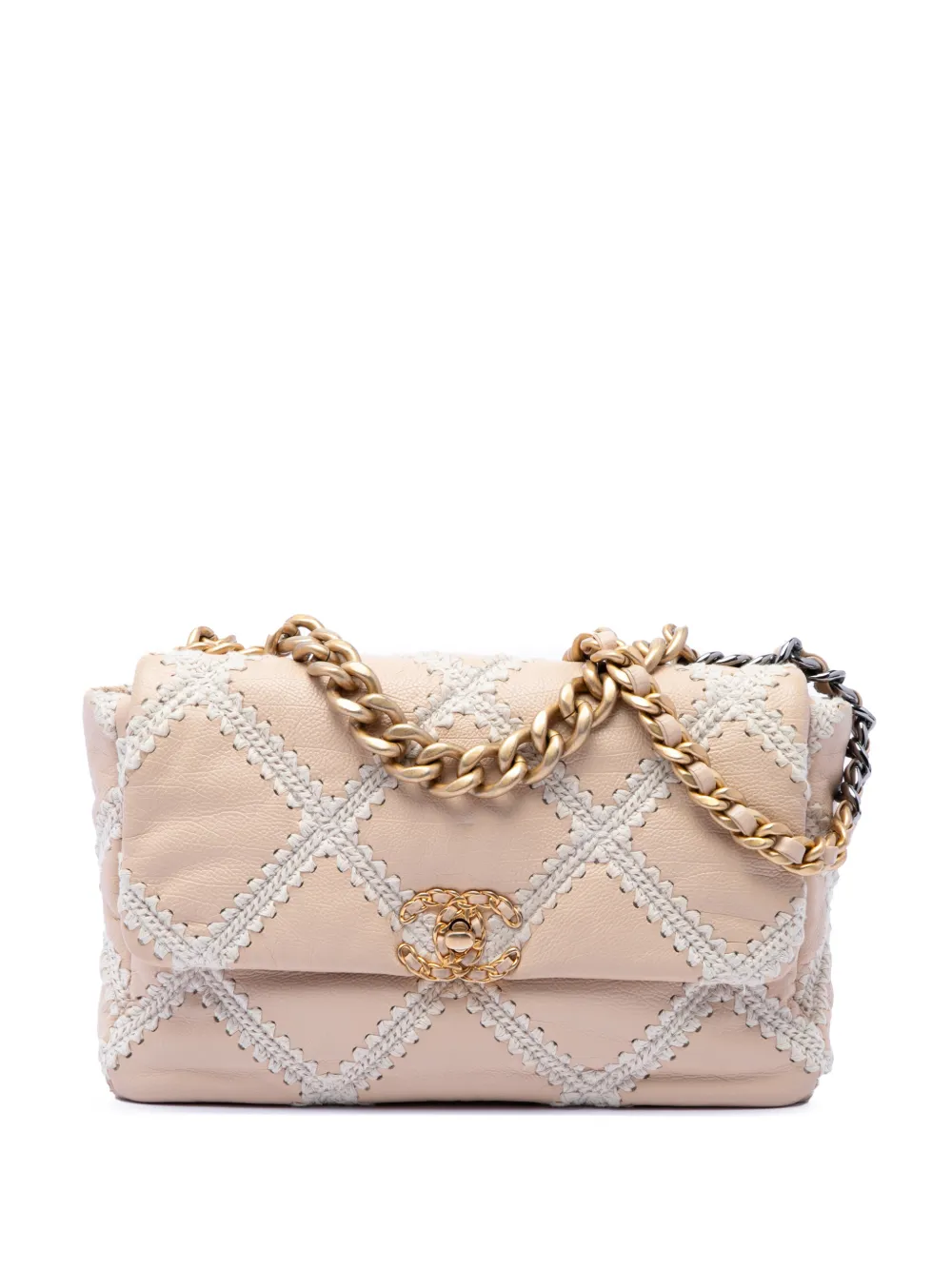 CHANEL Pre-Owned Borsa a tracolla 19 grande in pelle di vitello con dettagli all'uncinetto e battente 2020 - Toni neutri