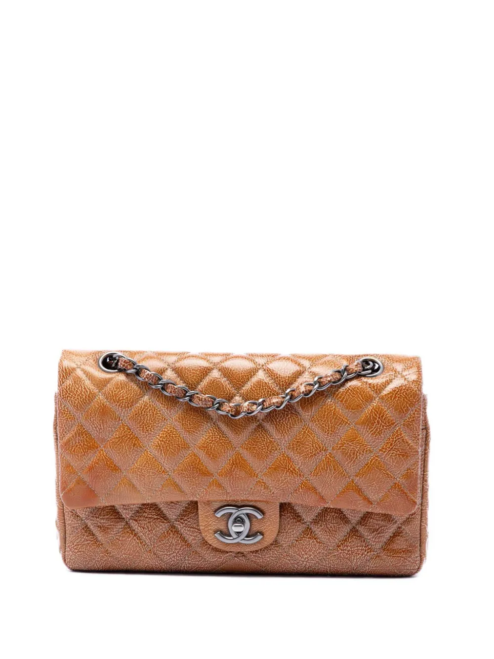 CHANEL Pre-Owned Borsa a spalla classica media con finiutra lucida, effetto stropicciato e doppio battente 2008-2009 - Marrone
