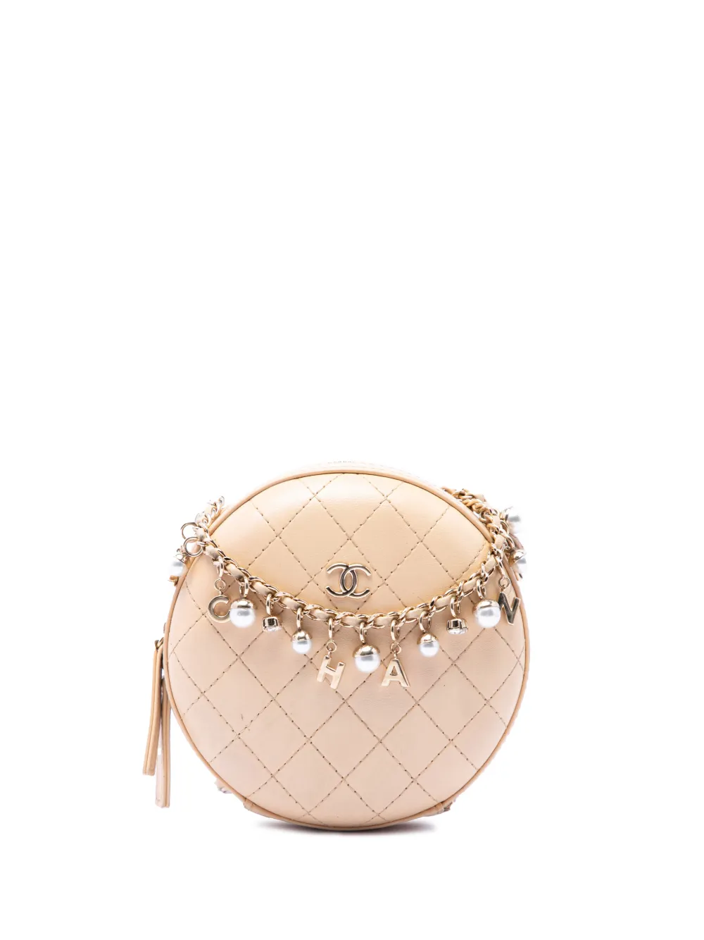 CHANEL Pre-Owned 2019 Stitched Calfskin Logo Strass and Pearl Chain Round crossbody bag - Neutrals