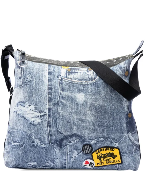 Dior Pre-owned 2001 Large Canvas Printed Denim Miss Diorella Messenger Bag Crossbody Bag in Blue