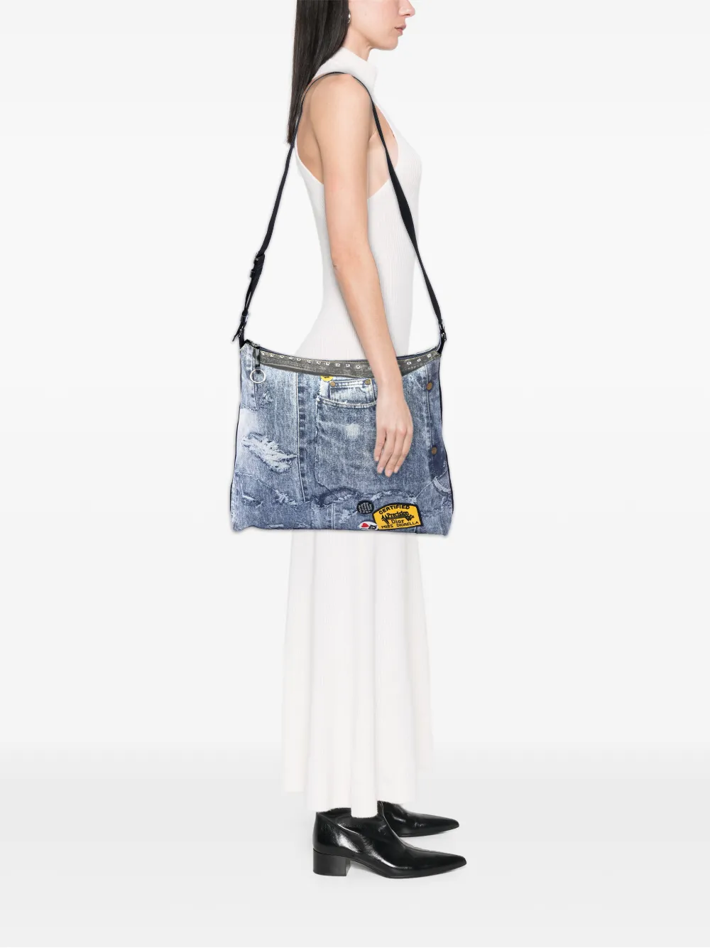Dior Pre-owned 2001 Large Canvas Printed Denim Miss Diorella Messenger Bag Crossbody Bag in Blue, view 2