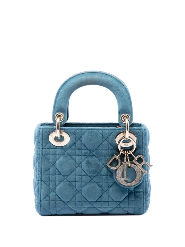 Dior Pre-owned 2020 Mini Velvet Cannage Lady Dior Satchel in Blue