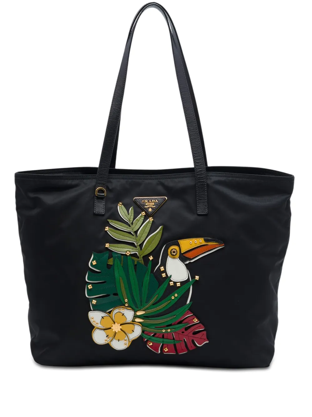 Prada Pre-Owned 2021-2026 Saffiano Trimmed Tessuto Parrot Applique tote bag - Black
