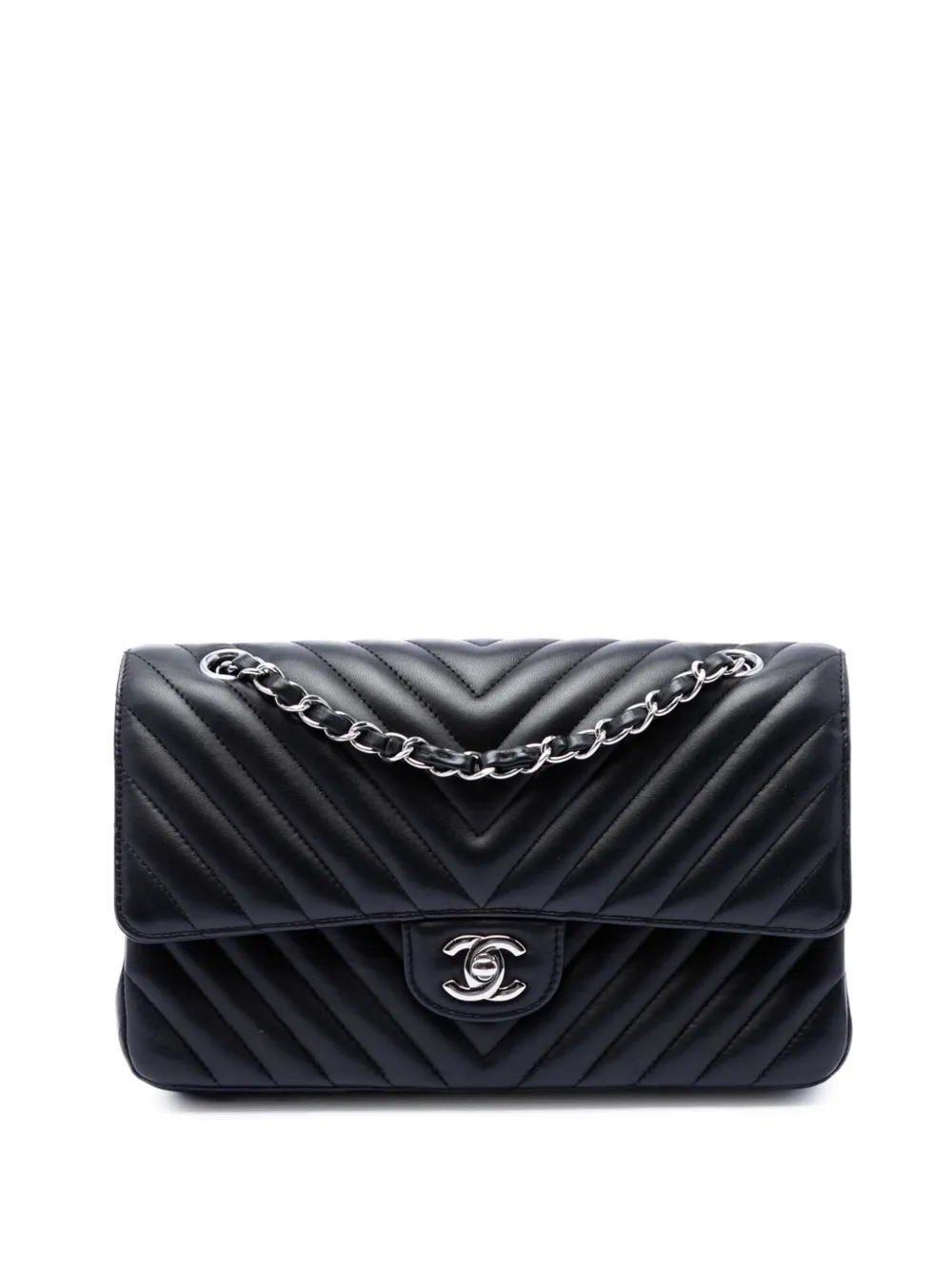 CHANEL Pre-Owned Borsa a spalla classica media in pelle di agnello con motivo Chevron e doppio battente 2016-2017 - Nero