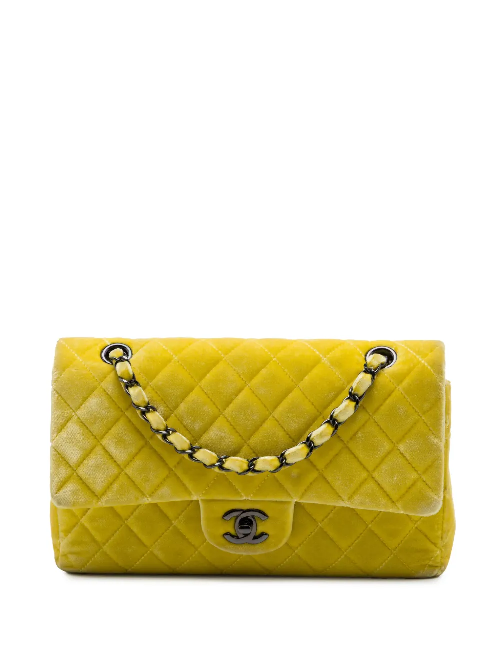 CHANEL Pre-Owned Borsa a spalla classica media in velluto con doppio battente 2014-2015 - Giallo