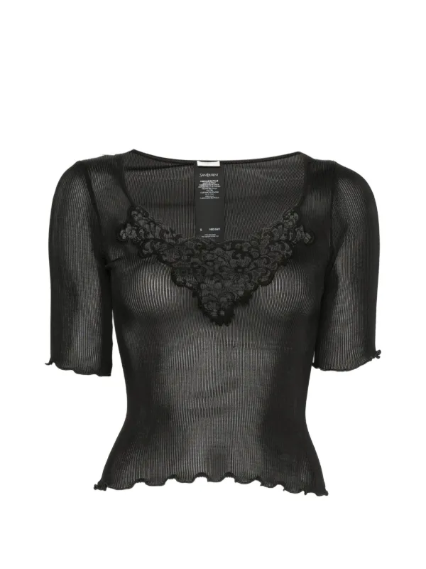 Saint Laurent Guipure Top in Ribbed Silk in Black